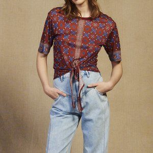 Sandro Printed T-shirt tie fastening wine burgundy tee top blouse euc 3 L Large